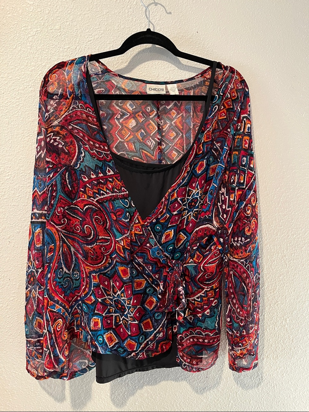 Chico's 100%  Silk  Multi colored Wrap Long Sleeve Top
SZ L